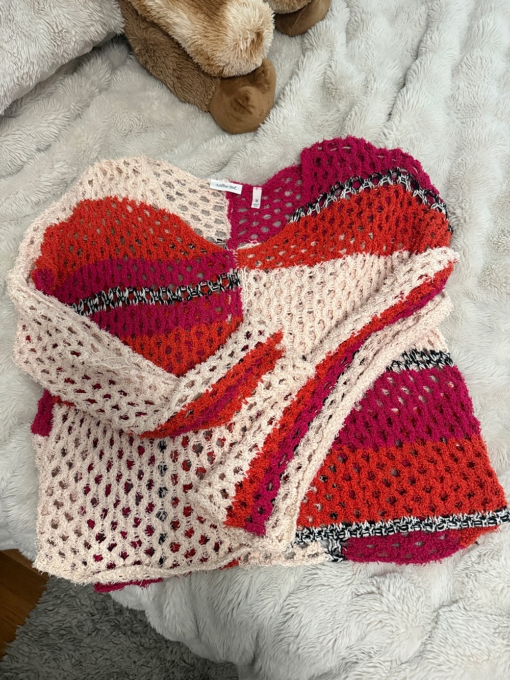 Open-Knit Colorblock Scoop Sweater - Pink, Red & Cream